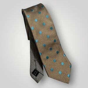 SAMUELSOHN Mens Silk Necktie Tie Blue/Tan/Gray Polka dot Made in Italy 100% Silk